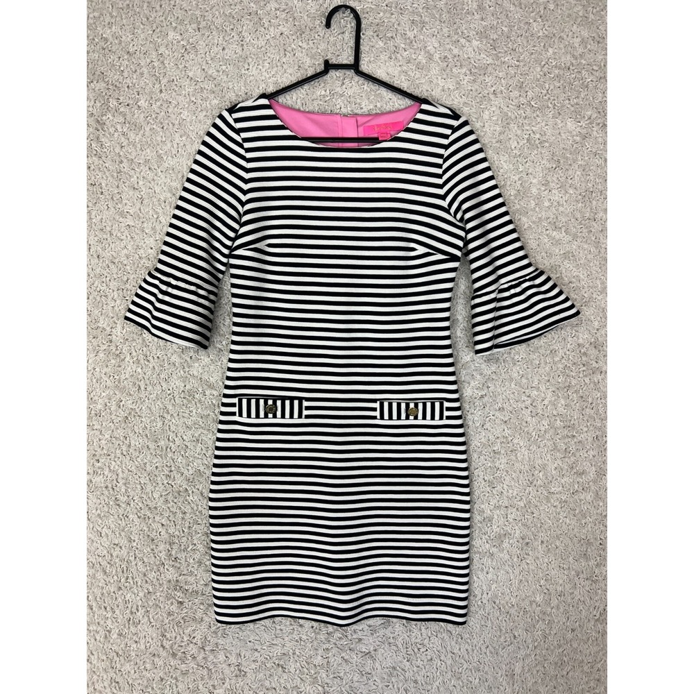 Lilly Pultizer Alden Dress Womens XS Black White Striped Half Sleeve Preppy